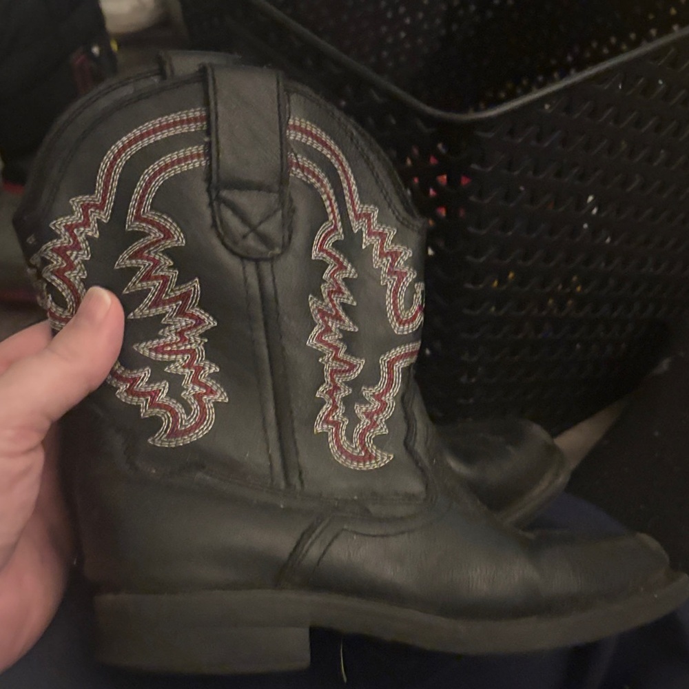 Black Leather Cowboy Boots with Red & White Stitching